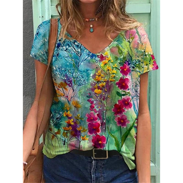 Women's v-neck colorful floral print short sleeves tops