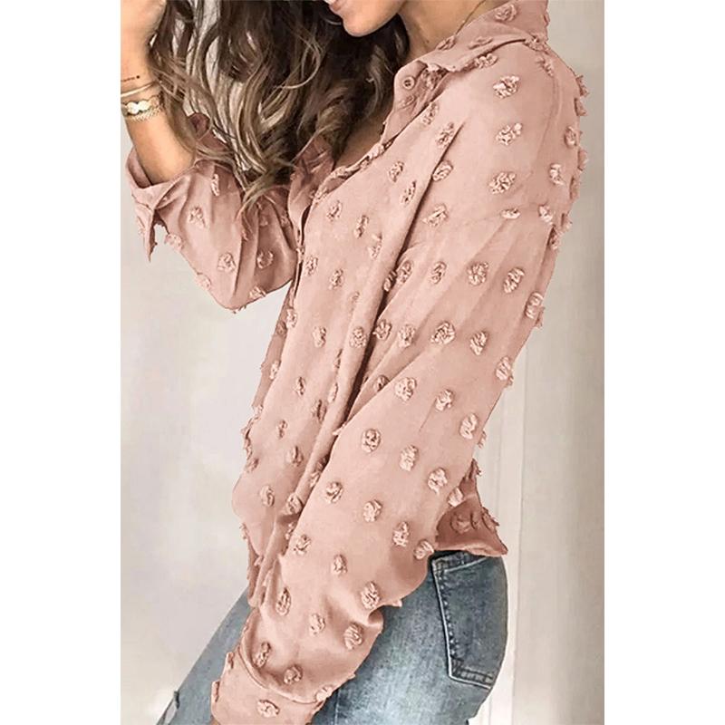 Women's stand collar button-down blouse | Dotted long sleeves blouse tops for fall