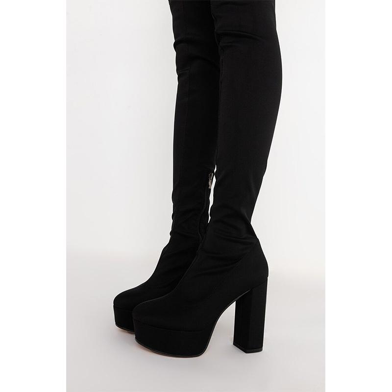 Faux suede elastic chunky high heel thigh high boots