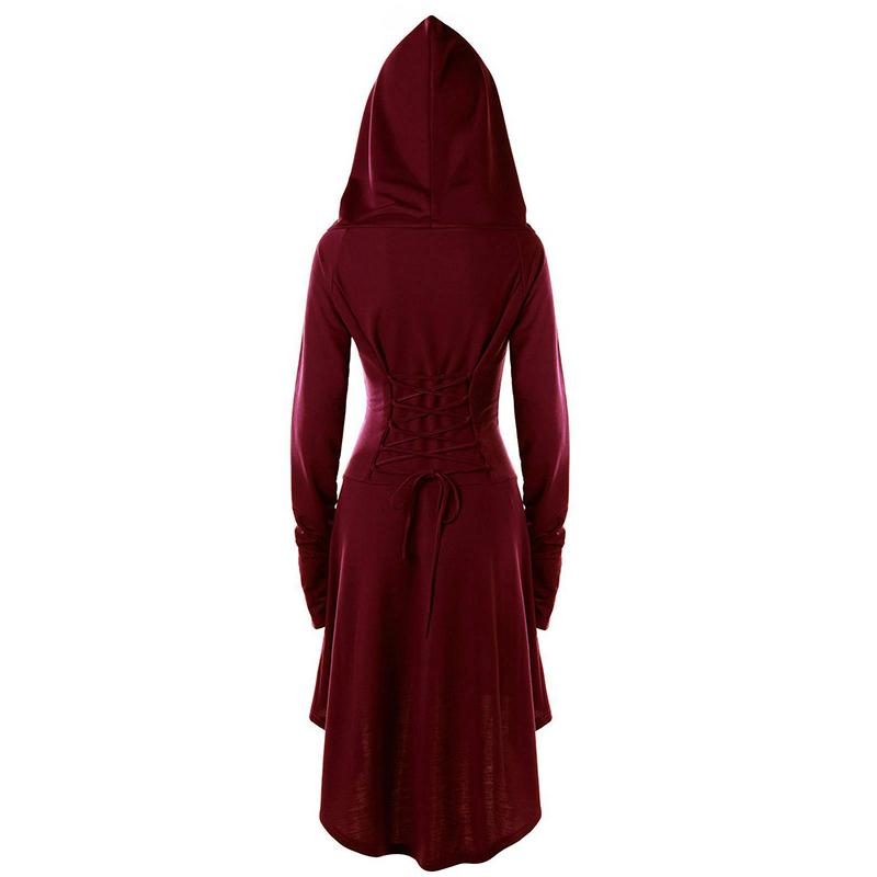 Womens Renaissance Costumes Hooded Robe Lace Up Dress | Vintage Pullover Front tie-up Hoodie Dress