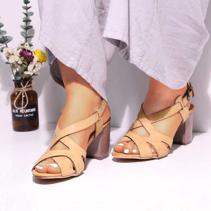 Women's peep toe hollowed strappy block heels sandals rome backstrap galiator sandals
