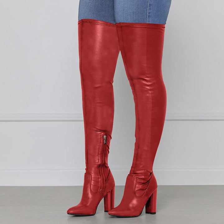 Women pointed toe chunky high heel over the knee boots with zipper