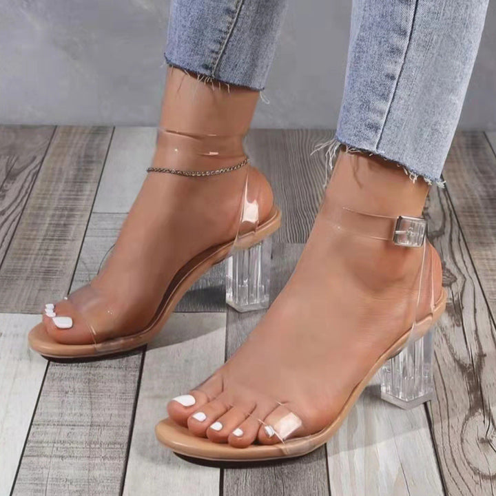 Women's clear crystal ankle strap chunky heels | Summer transparent buckle heels