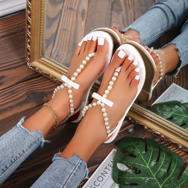 Women's cute pearls clip toe T-strap sandals | Summer beach flip flop sandals
