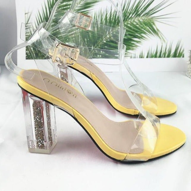 Clear one band ankle strap chunky high heeled sandals