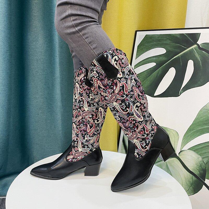 Ethnic floral embroidery tall boots pointed toe block heel knight boots