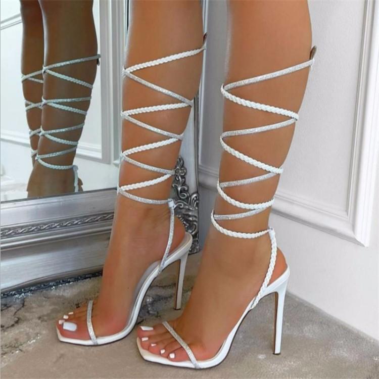 Rhinestone braided straps ankle lace-up stiletto high heels