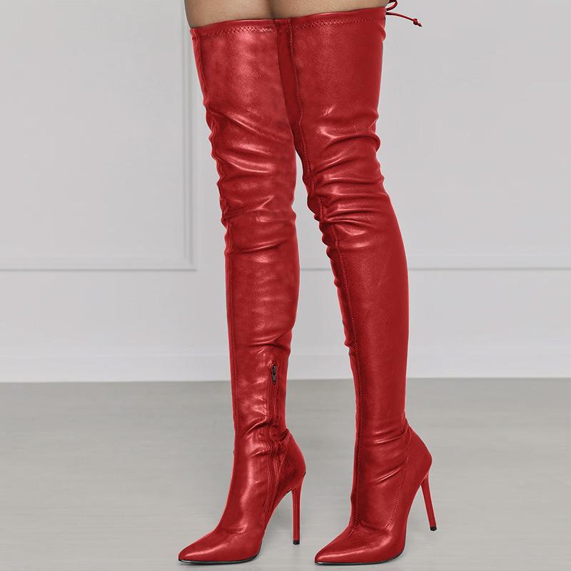 Women slim fit PU leather stiletto high heeled pointed toe thigh high boots