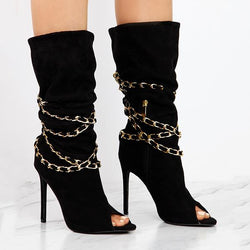 Peep toe metal chain d¨¦cor mid calf slouch stiletto high heels