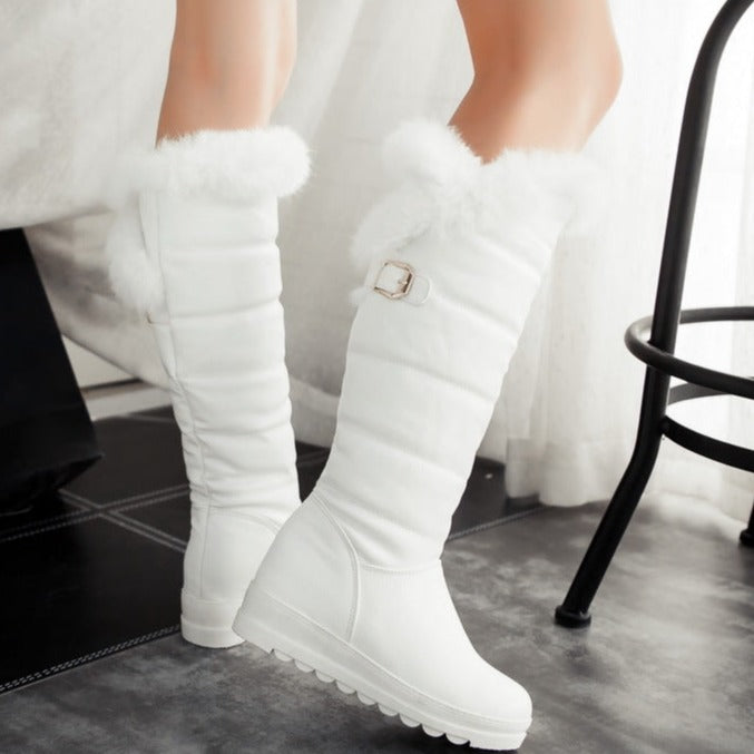 Women's winter faux fur warm chunky platform knee high snow boots
