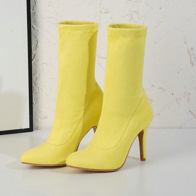Stretchy candy color mid calf stiletto boots 9 colors