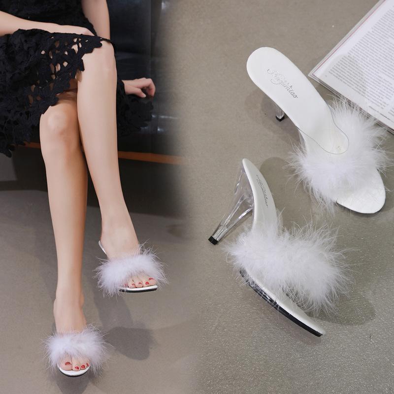 Women's fuzzy slip on peep toe clear heels