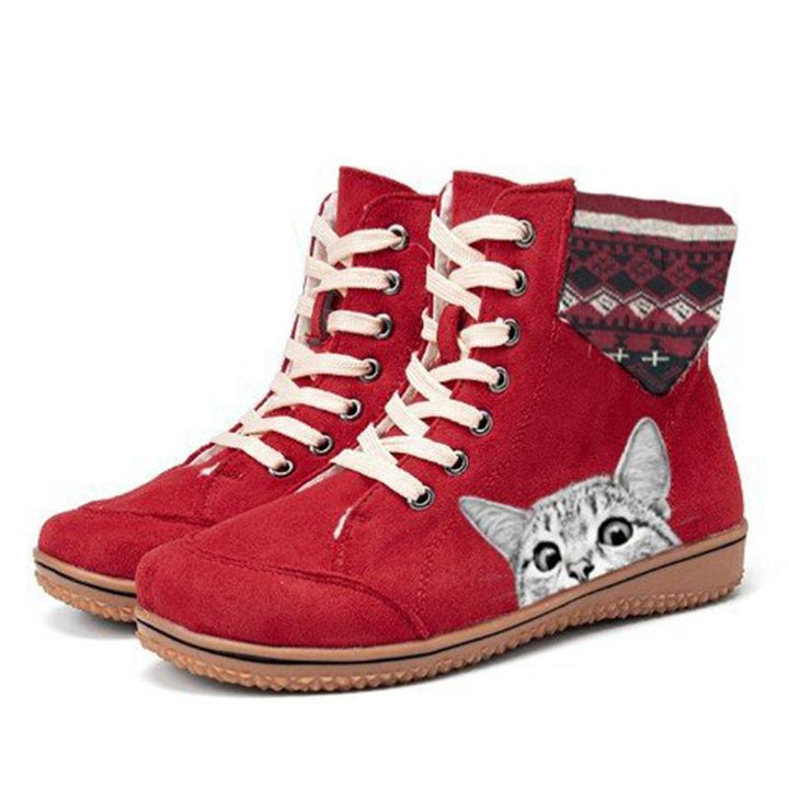 Women's cute cat print lace-up boots