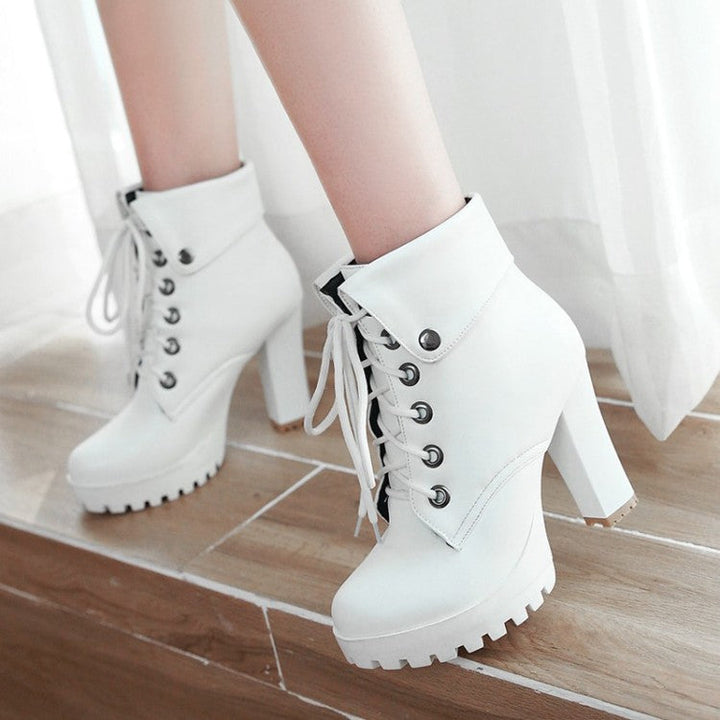Lady's chunky platform high heels combat boots England style front lace short booties