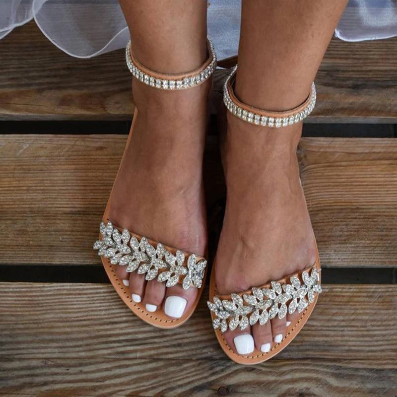 Women Rhinestone Casual Flat Wedding Sandals - fashionshoeshouse