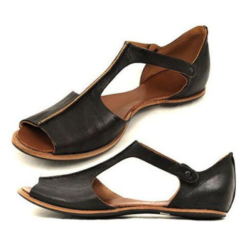 Women retro peep toe T-strap side cut flat sandals