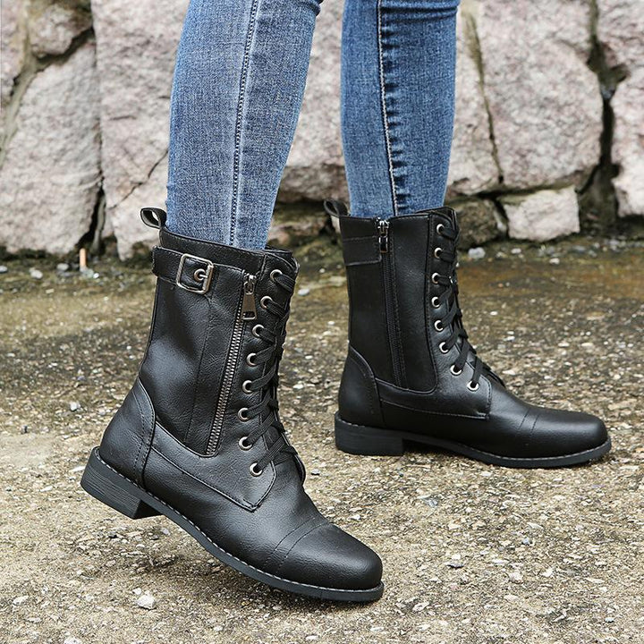 Women's low heel lace-up mid calf biker boots