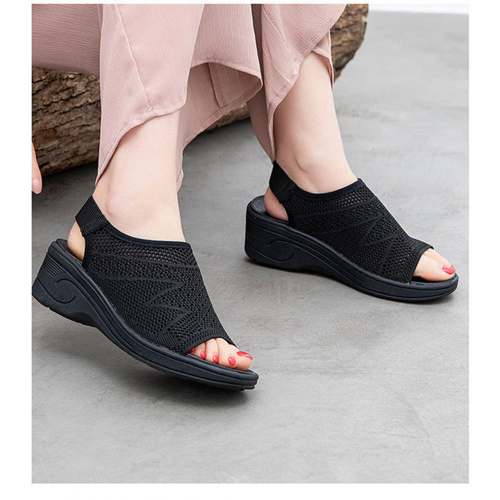 Women's flyknit peep toe wedge heel sporty sandals summer breathable arch support sandals