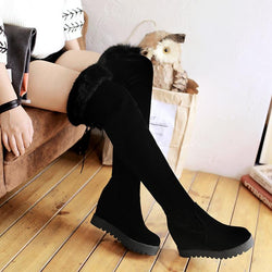 Winter warm lining fuzzy cuff back lace over the knee boots