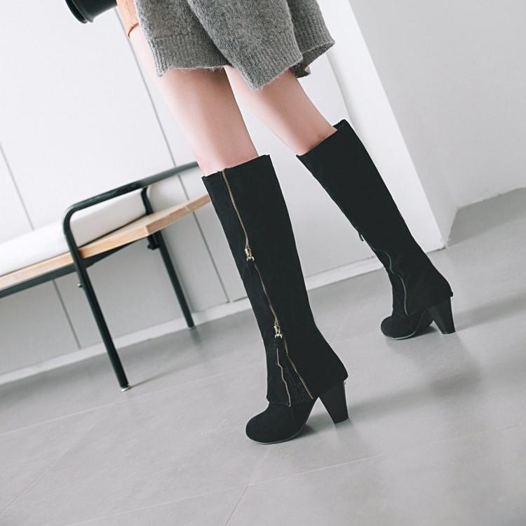 Slim fit side zip  chunky high heel knee high boots for women