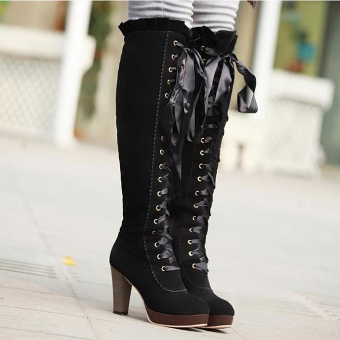 Women's vintage lace cuff front lace knee high chunky high heel boots