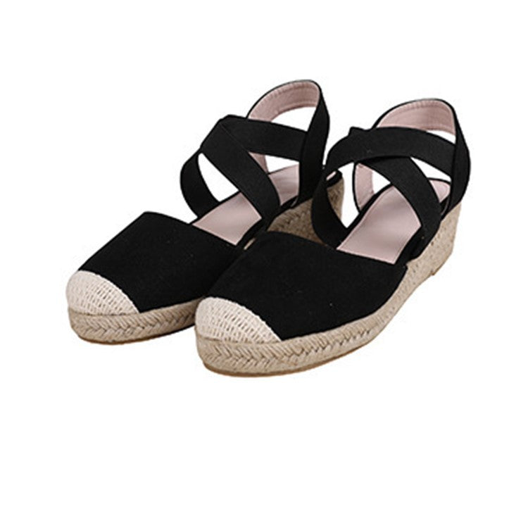 Lady's side cutout criss cross wrapped espadrille wedge sandals closed toe wedges