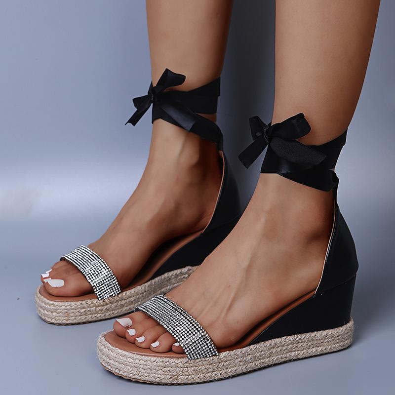 Women's open toe rhinestone tie up espadrille wedge sandals