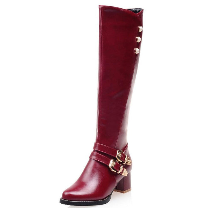 Women's buckle strap block heel knee high knight boots