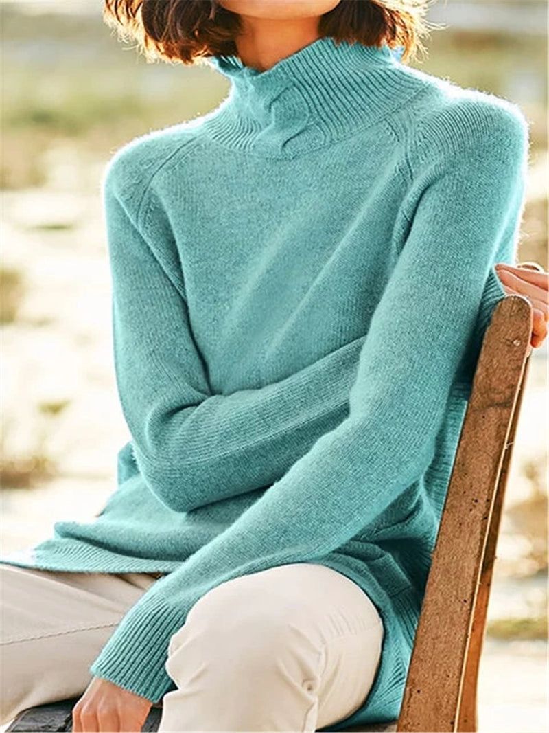 Women Solid Long Sleeve Knit Turtleneck Sweater - fashionshoeshouse