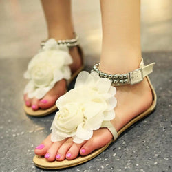 Women's big flower clip toe beach sandals boho beaded buckle strap sandals