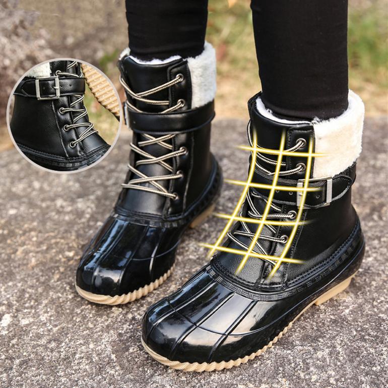 Women warm plush lining mid calf snow boots | Front lace duck boots