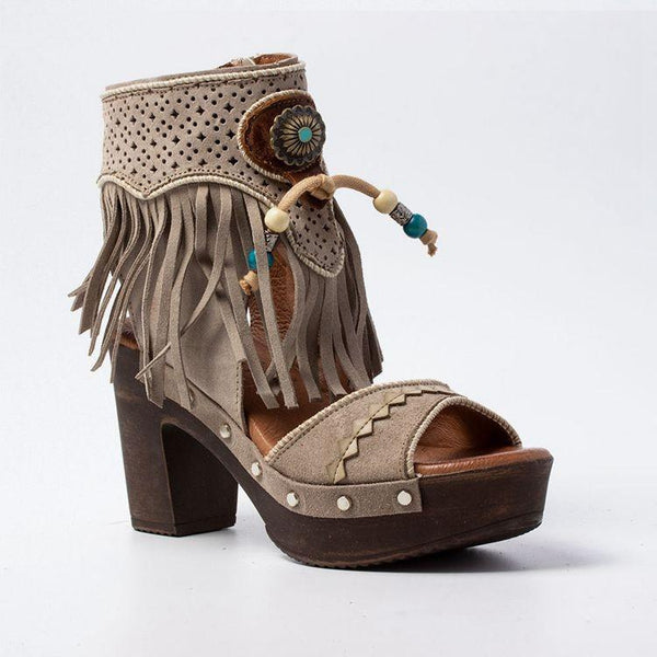 Women retro ethnic tassels peep toe chunky high heels summer booties