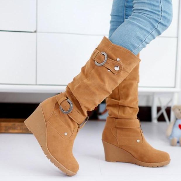 Women's buckle strap wedge heel mid calf boots