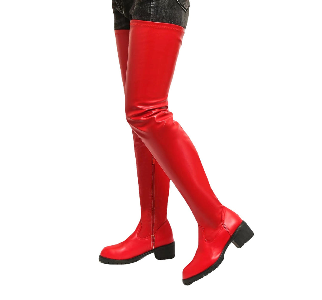 Black red chunky square heel thigh high boots for women