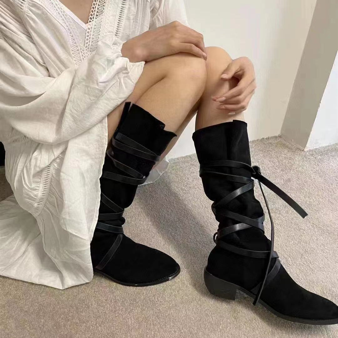 Women's slouchy cowboy boots Strappy mid calf boots Vintage pointed toe western boots