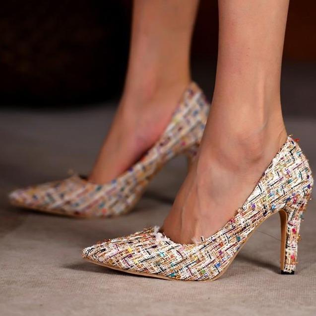 Women's braided colorful pointed toe high heel pumps