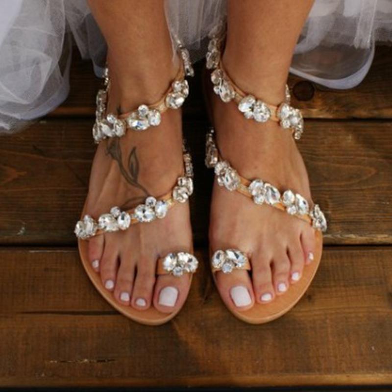 Rhinestone Date Travel Flat Wedding Sandals - fashionshoeshouse