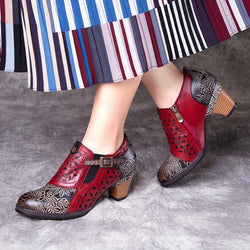 Women's retro flower print zipper chunky block heel ankle booties