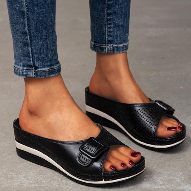 Women peep toe adjustable buckle arch support platform wedge slide sandals