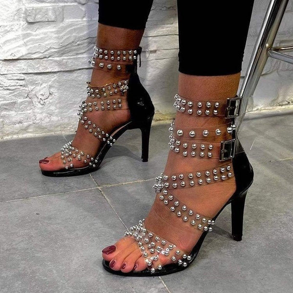 Women's rivets transparent strappy sexy stiletto heels ankle buckle straps summer party heels