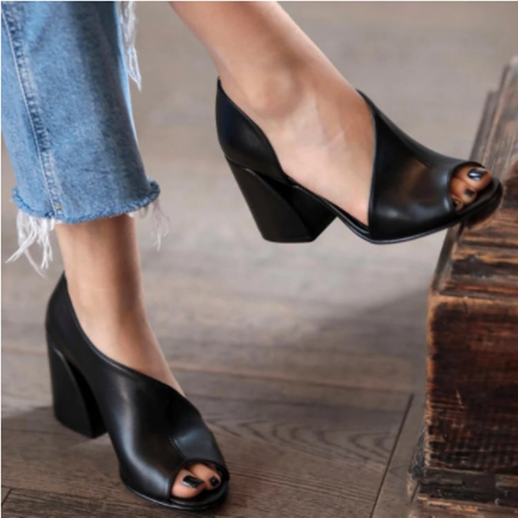 Women's vintage peep toe block heels sandals | Side cutout summer sandals