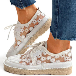 Women's flower embroidery lace mesh front lace sneakers | Chunky platform canvas shoes