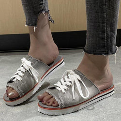 Women peep toe front lace casual slip on sandals