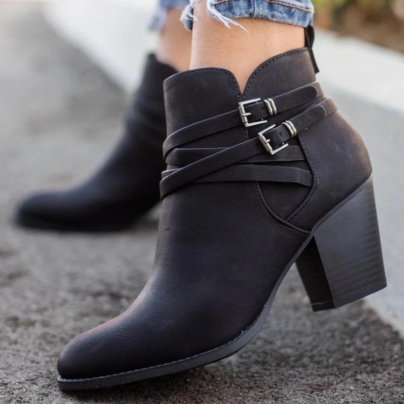 Women's buckle strap block heel ankle booties