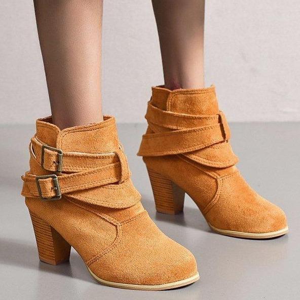 Women's buckle straps stacked heel ankle booties