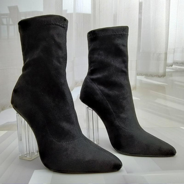 Sexy clear high heels faux suede booties