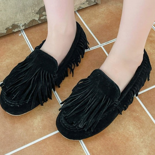Women's warm plush lined tassels loafers vintage slip on loafers shoes