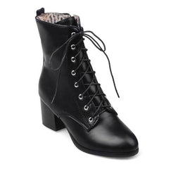 Women's winter warm plush lace-up chunky block heel ankle booties
