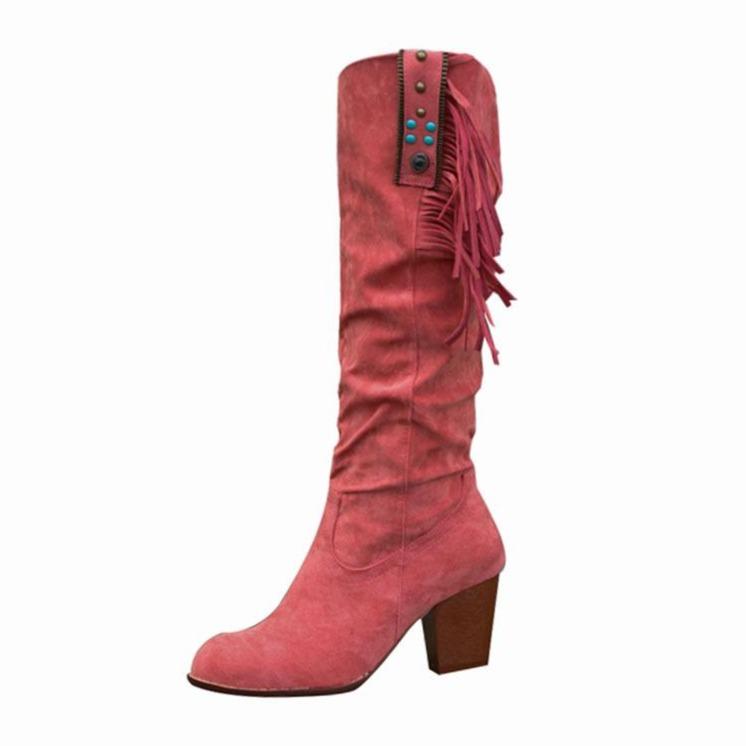 Women's ethnic faux suede tassels knee high boots