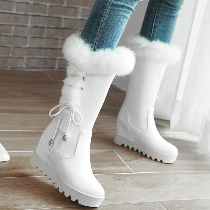 Fashion fuzzy cuff side lace-up mid calf wedge boots